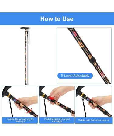 Supregear Folding Walking Stick - Adjustable & Lightweight Travel Cane for Elderly - Black Floral Design - Buy Online on GoSupps.com