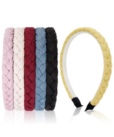 WOVOWOVO Braided Thin Headbands for Women Girls  6 Pcs Boho Woven Hairbands Fashion Pigtail Style Headband with Teeth  Twisted Combing Hair Hoop Accessories