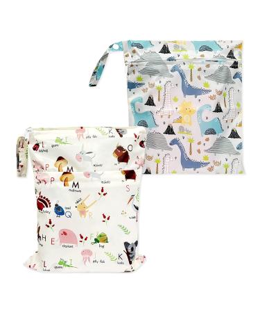 CQQNIU 2 Pcs Baby Waterproof Diaper Organizer Washable Reusable Double Zipper Diaper Day Care Wet Bag For Swimwear Baby Products (Dinosaurs Letters)