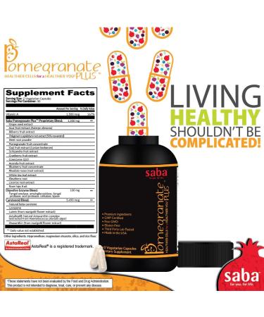 Saba Pomegranate Plus -Cellular Nutrition Broad Spectrum of Essential Antioxidants - Support Stress Cardiovascular Wellness Immune System Vision- 60 Capsules - Buy Online on GoSupps.com