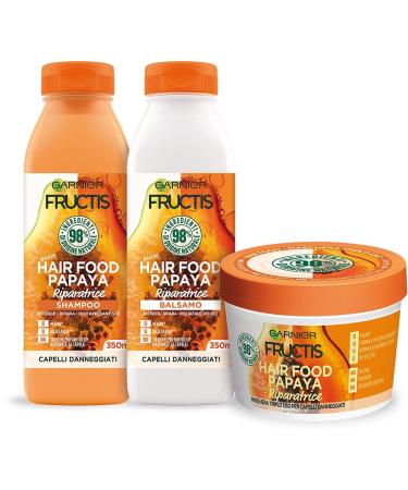 Garnier Fructis Hair Food Papaya Shampoing Vegan 350ml + Apr s-shampoing 350ml + Masque Triple Usage 390ml pour Cheveux Ab m s 98% d'Ingr dients d'Origine Naturelle - Lot de 3
