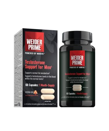 Weider Prime Testosterone Support for Men Ashwagandha Extract (KSM-66) Supports Energy Lean Muscle Mental Focus Vitality 60 Capsules