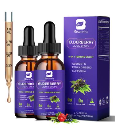 2 Pack Elderberry Syrup Black Elderberry Drops with Quercetin Panax Ginseng Vitamin C and Zinc Sambucus Elderberry Syrup Liquid for Immune Support Vegan Non-GMO & Gluten Free Berry 2 Fl Oz (Pack of 2)