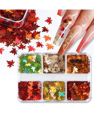 6 Grids 3D Maple Leaf Glitter Nail Sequins - Autumn Nail Art Stickers & Decals | Holographic Leaf Charms for Acrylic Nails | Fall Glitter Designs in Gold Yellow & Red - Buy Online on GoSupps.com