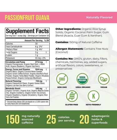 Organic Muscle Superfood Pre-Workout Powder - USDA Organic, Keto, Vegan, Non-GMO - Passionfruit Flavor for Energy, Focus, Performance & Endurance - 160g - Buy Online on GoSupps.com