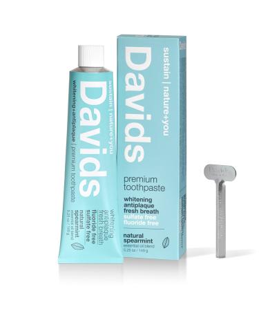 Davids Natural Toothpaste For Teeth Whitening  Spearmint  Antiplaque  Flouride Free  SLS Free  EWG Verified  Toothpaste Squeezer Included  Recycable Metal Tube  5.25oz