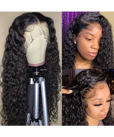 Alibeauty 13x4 HD Transparent Lace Front Wigs Human Hair Pre Plucked Hairline with Baby Hair 180 Density Brazilian Water Wave Human Hair Wigs for Black Women(20 Inch) 20 Inch (Pack of 1) black