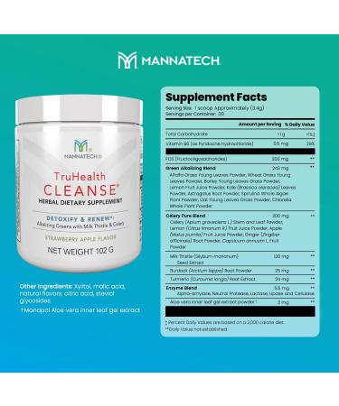 Mannatech TruHealth Cleanse - Strawberry Apple Powder Drink for Healthy Body Support Alkalizing Greens Blend B6 Prebiotic Fiber & Digestive Enzymes - 102g - International Shipping Available - Buy Online on GoSupps.com
