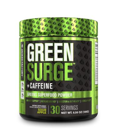 Green Surge + Caffeine - Green Superfood Powder Supplement - Keto Friendly Greens Drink w/ Spirulina, Wheat & Barley Grass, Organic Greens, Probiotics & Digestive Enzymes - Sour Apple - 30sv Sour Apple + Caffeine