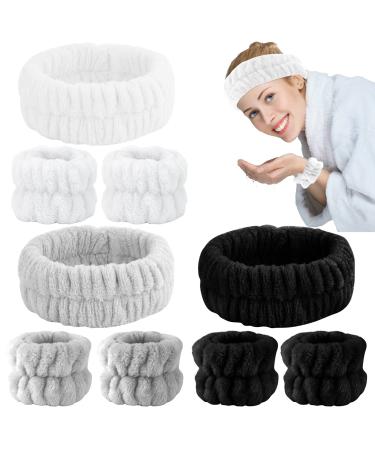 9 PCS Spa Facial Headbands and Wrist Bands Set  Soft Coral Fleece Hair Wrap Stretchy Hairband Highly Water Absorbent Wristbands Headband for Washing Face Shower Skincare Makeup (Black  White  Grey)