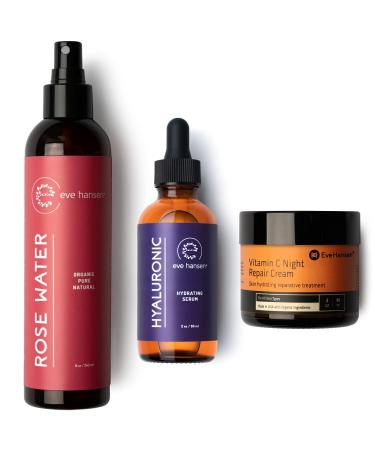 Eve Hansen Soothe & Repair Set: Organic Rose Water Spray for Face Moroccan Rosewater Face Toner Setting Spray 8oz | Hydrating Hyaluronic Acid Serum for Face 2oz | Anti Aging Vitamin C Night Cream 2oz