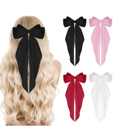 Sibba 4Pcs Satin Hair Barrette Big Bow Clips Soft Silky French Bowknot with Long Tail 90's Vintage Hairpin for Ponytail Bun Scrunchie Women Girls Dress Up Accessories Cute Gifts (Black White Red Pink) 1Black 1White 1Pink 1Wine Red