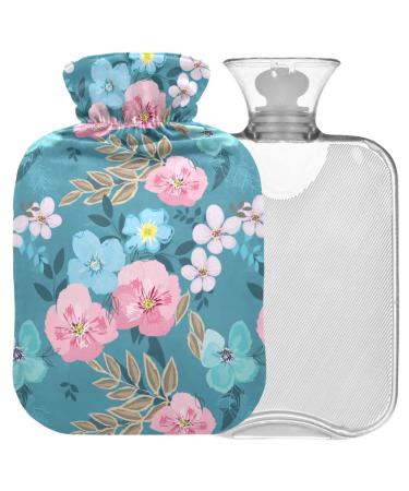Naanle hot water bottle with cover blue pink flower transparent hot water bottle heat bottle for back pain relief handfoot warmer neck heat and cold therapy 1l