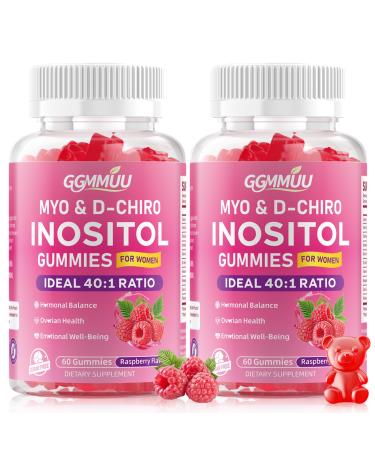 GGMMUU 2 Pack Myo-Inositol & D-Chiro Inositol Gummies for Women 2000mg + 50mg Ideal 40:1 Ratio with Vitamin D3 Magnesium Glycinate Folate & Zinc for Female Raspberry Flavor 120 Count