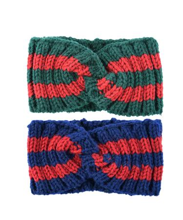 Chunky Knit Headbands Braided Winter Headbands Ear Warmers Crochet Head Wraps for Women Girls (2 Pack Green+Blue)