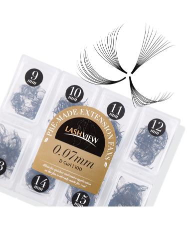 LASHVIEW 1000 Premade Volume Eyelash Extensions Mixed Tray 10D D Curl Premade Lash Fans Pointed Handmade Thin Base (10D-0.07D 9-16mm) 1000Fans-10D-0.07-D