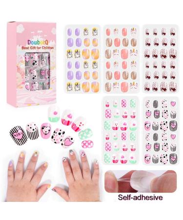 DouborQ 120 pcs 5 Pack Little Girls Pre-glue Press on Nail Tips - Cute Cartoon Design Fake Nails for Kids Gift - Buy Online on GoSupps.com