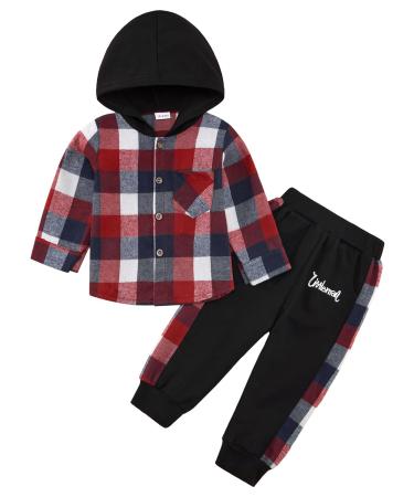 Naiyafly Toddler Boys Clothes Set Kids Long Sleeve Hoodie Plaid Sweatshirt Tops + Pants Outfit Set Children Hooded Button Down Shirts Bottom Tracksuit Boys School Playsuit 3-4 Years Red Plaid