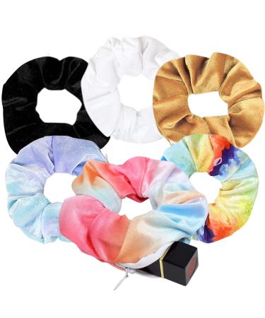 Velvet Pocket Scrunchie with Hidden Zipper - 6Pack Stash Scrunchy Hair Ties for Vsco Girls Women Hair Accessories (6PACK-B) 6PACK-Hidden Zipper