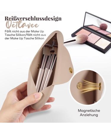 Qetlavee Silicone Makeup Bag & Brush Container Set - Travel Essentials Beauty Blender Case - Portable Khaki Cosmetic Bag - Buy Online on GoSupps.com