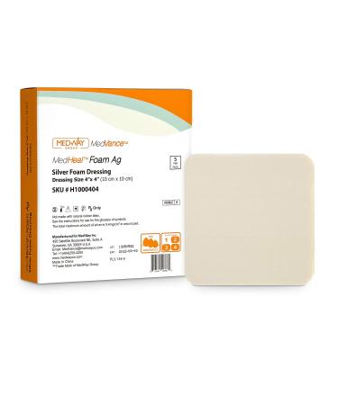 Silver Foam Ag Sterile Highly Absorbent Antibacterial Dressing w/o PU Backing, 4"x 4", 5 dressings/Box, MedHeal by MedvanceTM