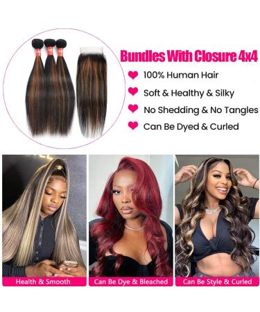 Haha Brown Highlight Ombre Human Hair Bundles with Closure - 10A Remy Virgin Hair Weave - Colored Balayage - 3 Bundles + 4x4 Lace Closure Free Part - 12 12 12 + 10 Inch FB30 - Buy Online on GoSupps.com