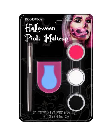 Halloween Makeup Kit with Tri-Color Face Paint Pink Hair Chalk & Brush Black White Neon Pink Body Painting Cream for Special Effects Theater SFX Costume Cosplay Skeleton Skull Character Makeup