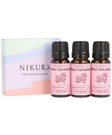 Nikura Rose Geranium Essential Oil - 30ml (3 x 10ml) | 100% Pure Natural Oils | Perfect For Skincare Stress Relief Aromatherapy Diffusers | Great For Self Care Massage Deodorant | Vegan & UK Made Rose Geranium 10 ml (Pack of 3)