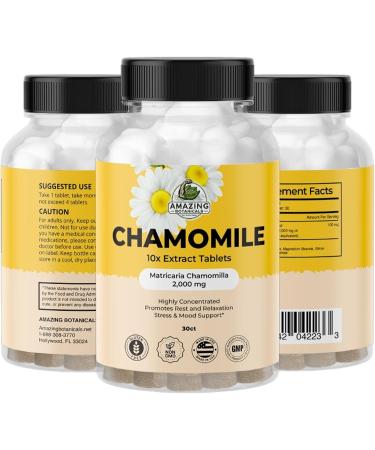 Amazing Botanicals Organic Chamomile Extract Tablets - Matricaria Chamomilla Plant-Based Supplement - 10x Extract 2000 MG Each - Promotes Relaxation - 30 Tablets - Buy Online on GoSupps.com