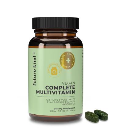 Future Kind Vegan Multivitamins Complete (90tabs in Recycled Bottle) - 42-in-1 Vegan Multivitamins for Women & Men - Multivitamin w Enzymes & Probiotics for Digestion - Vegan Vitamins w B12 & Zinc