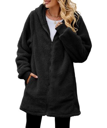 Yihaojia Womens Winter Fuzzy Fleece Jacket Hooded Zip Up Mid Length Warm Coat Oversized Teddy Outerwear with Pockets Black#49 X-Large - Buy Online on GoSupps.com
