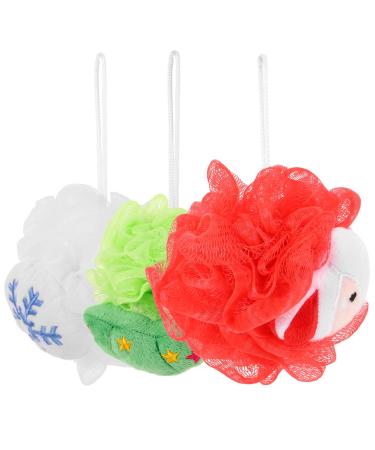 SOLUSTRE Christmas Loofah Sponge Body Scrubber 3Pcs Christmas Bath Character Loofahs Santa Christmas Tree Snowflake Loofah Bath Pouf Mesh Skin Cleaning Scrubber for Adults Christmas Gifts