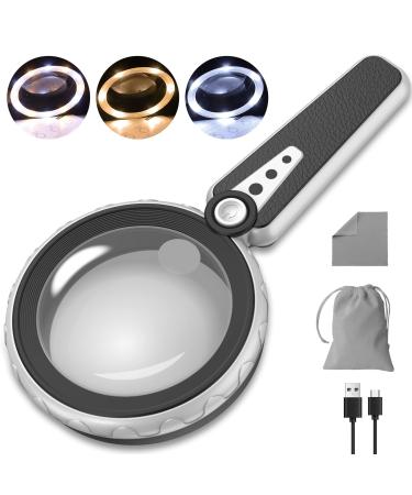 6X 10X Magnifying Glass with Light-12 LED Handheld Illuminated Lighted Magnifying Glasses, 3 Cool and Warm Light Modes & Adjustable Brightness, Magnifier for Close Work, Seniors Reading,Powered by USB Black & Silver