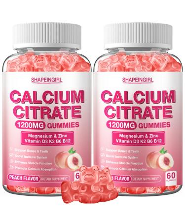 1200mg Calcium Citrate with Vitamin D3 K2 B6 & B12 Calcium Supplements for Women & Men Plus Magnesium Zinc for Bones Muscle & Immune Support High Absorption 120 Calcium Gummies Peach Flavor