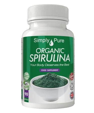 Simply Pure Organic Spirulina Capsules x 90 100% Natural Soil Association Certified 500mg Gluten Free GM Free and Vegan.