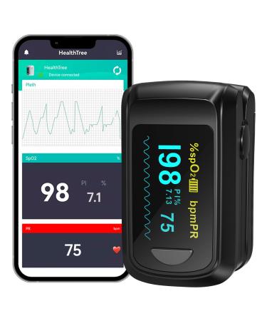 HealthTree Fingertip Pulse Oximeter Bluetooth Blood Oxygen Saturation Monitor Pulse Rate Monitor for Apple and Android with OLED Screen 2 X AAA Batteries and Lanyard Black