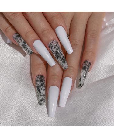 Sethexy long ballerina false nails white glossy press nails 24st art acrylic coffin tips for artificial nails for women and girls (black)