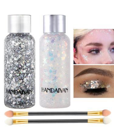 2 Color Body Glitter Gel Mermaid Scale Sequins Skin Long Lasting Sparkling Cream Eyeshadow Lip Nail Hair Painting Glitter Decorate Art Festival Party Make up Powder (Silver,White),with 2 Sponge Brush space silver,pearl white