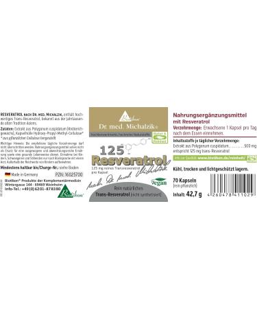 Resveratrol 125 by Dr. med. Michalzik - Pure Trans-Resveratrol 500mg from Polygonum Cuspidatum - Additive-Free Japanese Knotweed Extract | Biotikon - International Shipping Available - Buy Online on GoSupps.com