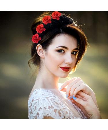 Halloween Rose Flower Hair Clips - 9 Piece Set for Women and Girls | Bridal Hair Pins for Wedding & Halloween Party - Red - Buy Online on GoSupps.com