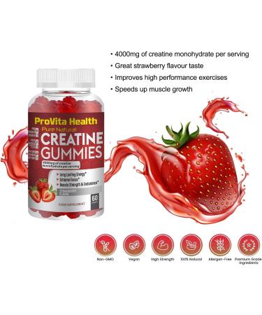 Creatine Monohydrate Gummies 4000mg - 60 Strawberry Flavoured Chewables for Pre Workout | Gym Supplement for Men & Women | Vegan & Keto Friendly | 1 Month Supply - Buy Online on GoSupps.com