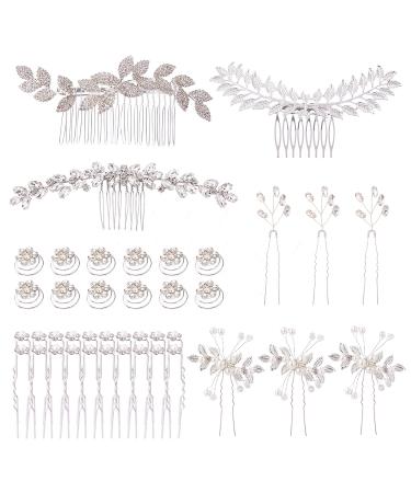 Cinaci 41 Pack Sparkly Silver Rhinestone Leaf Flower Pearl Bridal Hair Side Combs+U-shaped & Twist Hair Pins Clips Barrettes Wedding Headpieces Accessories for Women Girls Brides Bridesmaids