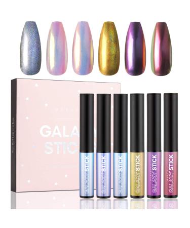 Makartt Galaxy Sticks Holographic Nail Powder Pen Chrome Nail Powder 6 Colors Air Cushion Pen Mirror Effect Nail Art DIY Gel Nail Decoration Sponge Stick All-in-one Nail Kit
