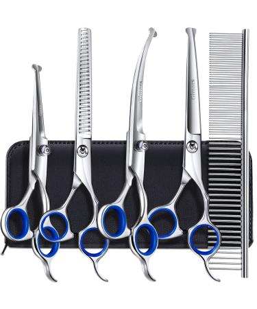 Gimars 6 in 1 Professional 4CR Stainless Steel Safety Round Tip Dog Scissors for Grooming, Heavy Duty Titanium Coated Pet Grooming Scissor for Dogs, Cats and Other Animals Blue 6 in 1