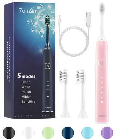 7am2m Sonic Electric Toothbrush for Adults and Kids-USB Cable Charging Toothbrushes, One Charge for 90 Days, 5 Adjustable Modes, Built-in 2-Minute Smart Timer IPX7 Waterproof Electric Toothbrush(Pink) USB Charge Pink