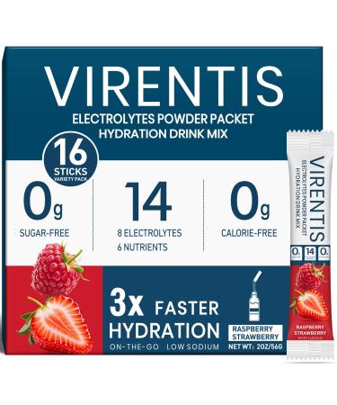 VIRENTIS 16 Sticks Electrolytes Powder Packets Sugar Free Hydration Packets, Liquid Daily IV Electrolyte Drink Mix for Rehydration with 8 Electrolytes & 6 Vitamins, 0 Calorie, Low Sodium
