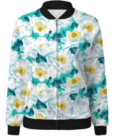Women's Light Bomber Jacket - Floral Pattern Casual Aviator Zipper Summer Outwear - Mint Green College Jacket - Buy Online on GoSupps.com
