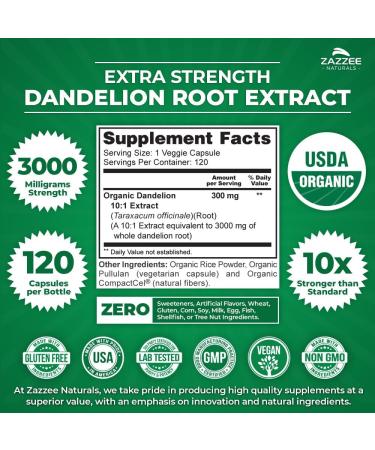 Zazzee USDA Organic Dandelion Root 10:1 Extract - 3000mg Strength 120 Vegetarian Capsules Non-GMO All-Natural 4 Month Supply - Buy Online on GoSupps.com