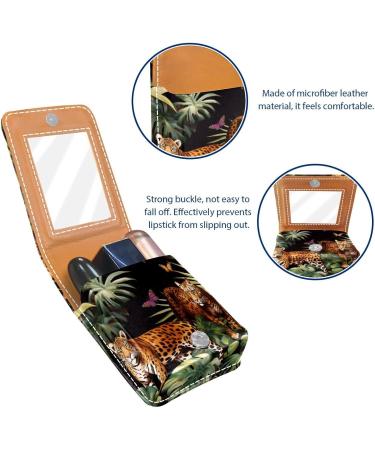 Buy Stylish Leather Lipstick Case | Mini Lip Gloss Organizer with Mirror - Tropical Palm Leaves & Leopard Design - Buy Online on GoSupps.com