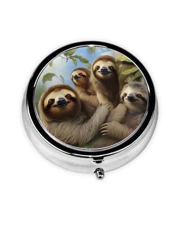 Pill Organizer Sloth Family Round Pill Box 3 Compartment Fashion Medicine Pill Case Portable Travel Pill Case Metal PillBoxs for Pocket Purse Office Travel One Size Sloth Family